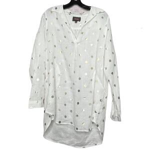 For Cynthia Beach 100% Linen White & Gold Dot Semi Sheer Pullover Size Medium